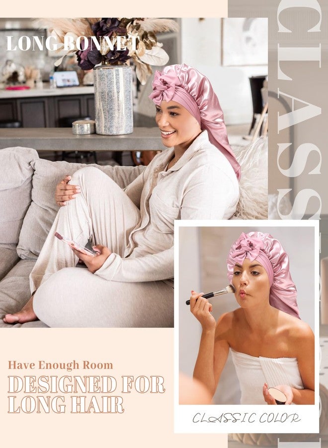 CHLINS Long Bonnet Satin Bonnet for Sleeping Women Double Layer Hair Bonnet Braid Bonnet with Stretchy Tie Band(Pink) - Image 3